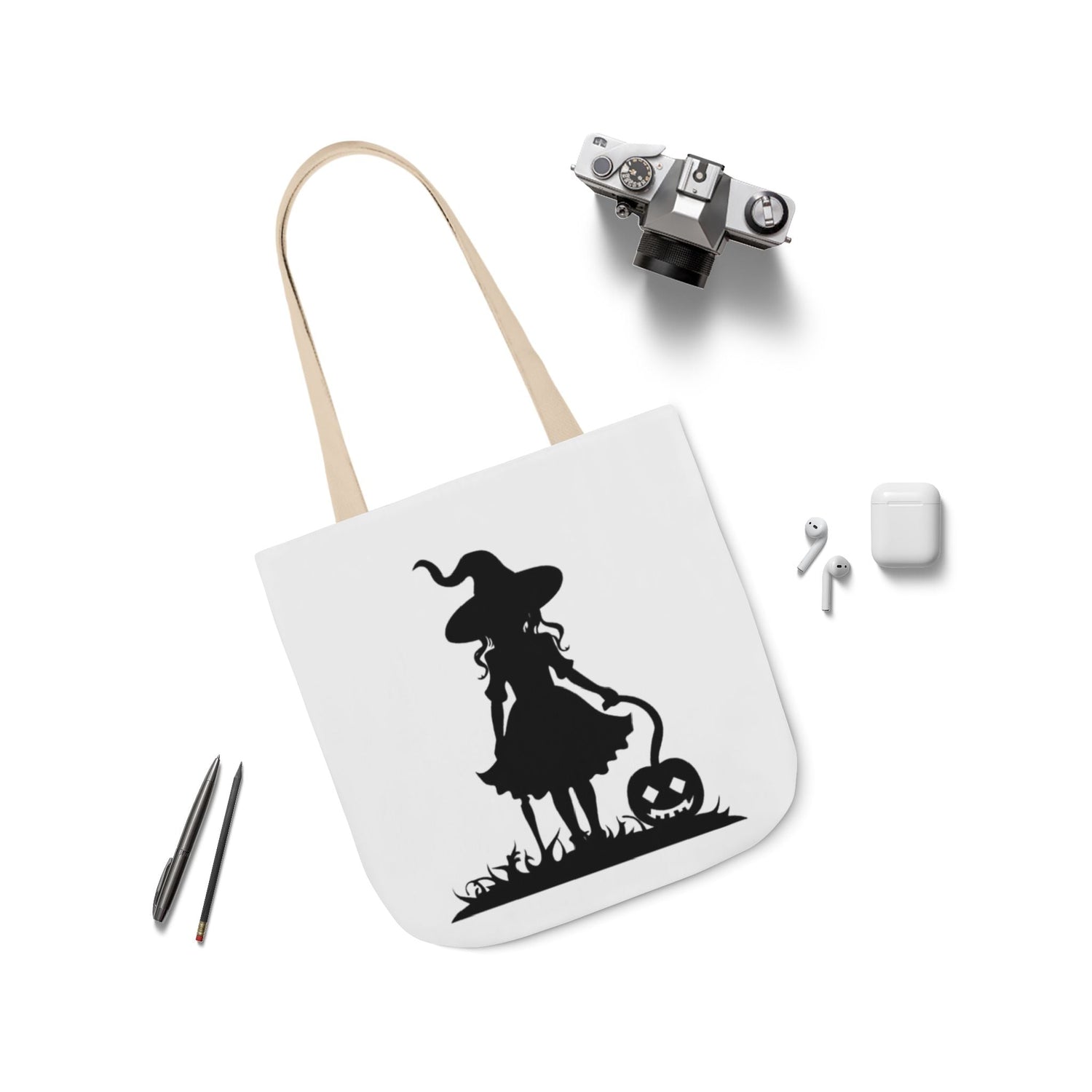Halloween Witch Canvas Tote Bag, Spooky Treat Bag, Autumn Market Tote, Trick-or-Treat Bag, Gift for Witches, Seasonal Accessories Printify