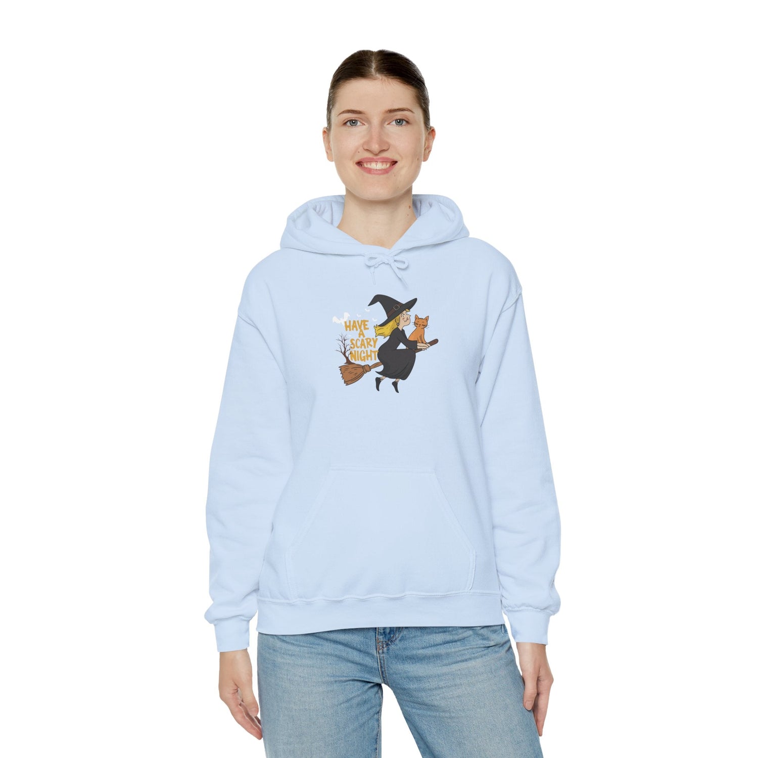 Halloween Witch and Cat Hoodie, Cozy Fall Sweatshirt, Scary Night Apparel, Unisex Ghostly Sweatshirt, Cute Halloween Gift Printify