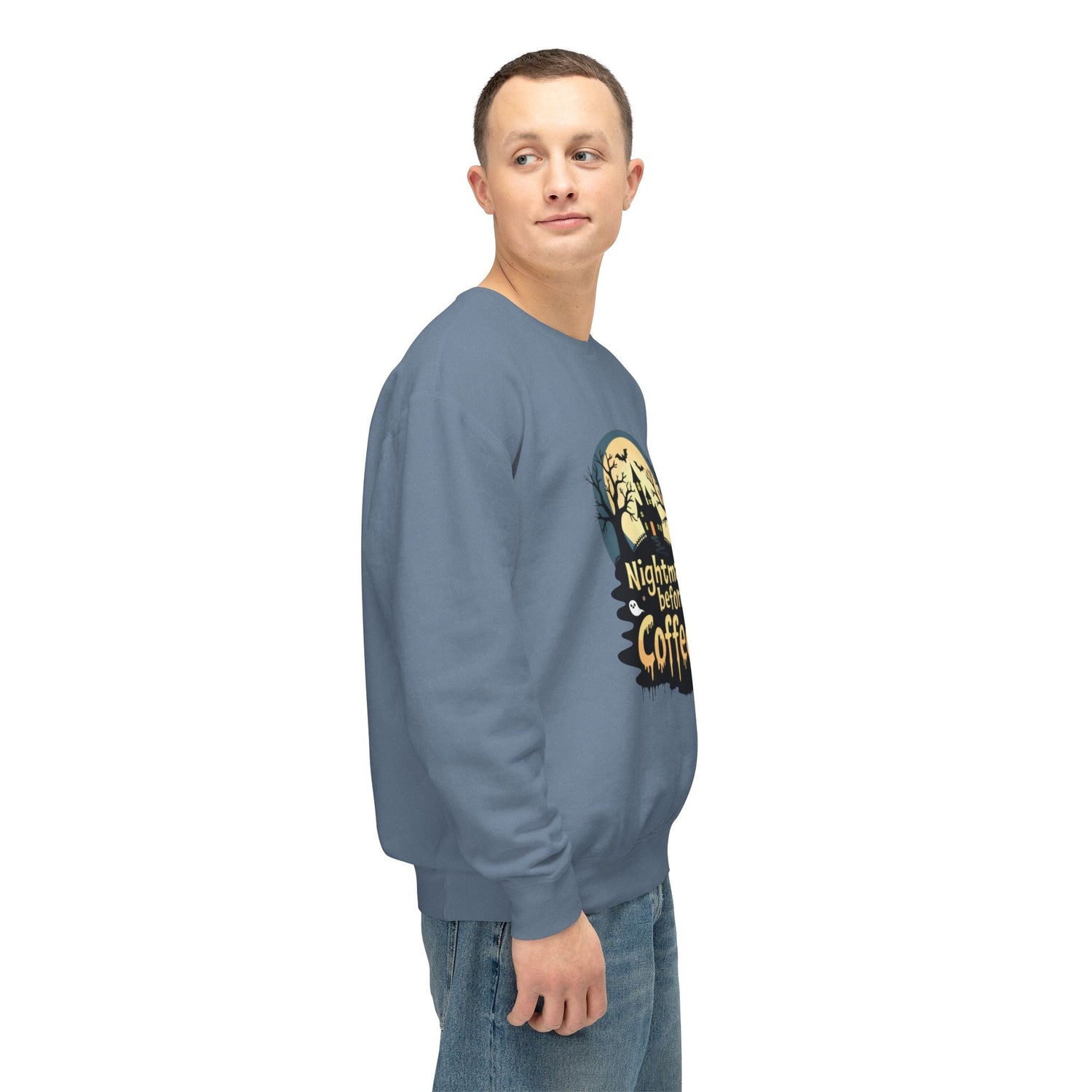 Unisex Lightweight Crewneck Sweatshirt - Nightmare Before Coffee Printify