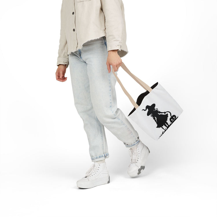 Halloween Witch Canvas Tote Bag, Spooky Treat Bag, Autumn Market Tote, Trick-or-Treat Bag, Gift for Witches, Seasonal Accessories Printify