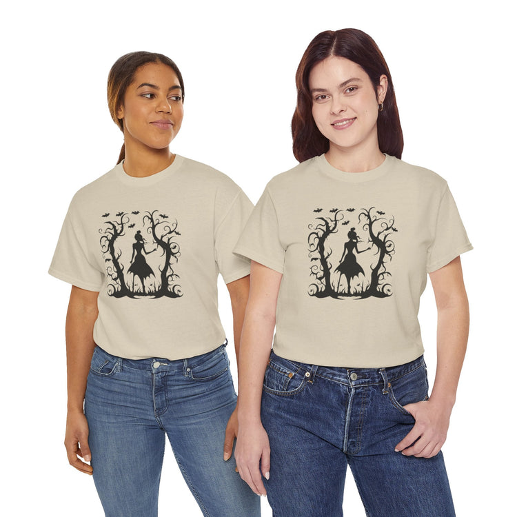 Whimsical Forest Silhouette Tee, Unisex Heavy Cotton T-Shirt, Fall Fashion, Halloween Shirt, Nature Lover Gift Printify