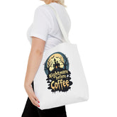 Nightmare Before Coffee Tote Bag, Halloween Tote, Spooky Drink Carrier, Gift for Coffee Lovers, AOP Design Bag Printify