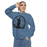 Charming Halloween Sweatshirt, Cozy Witch Design, Unisex Garment-Dyed Hoodie, Fall Fashion, Spooky Season Wear, Trick or Treat Gift Printify
