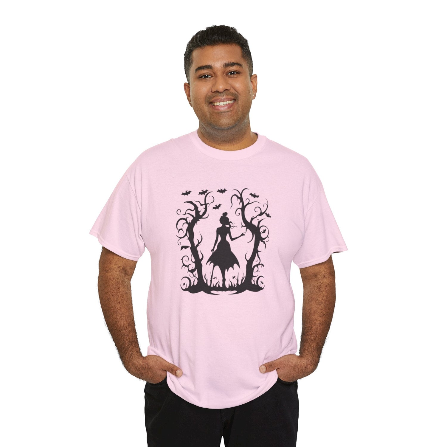 Whimsical Forest Silhouette Tee, Unisex Heavy Cotton T-Shirt, Fall Fashion, Halloween Shirt, Nature Lover Gift Printify