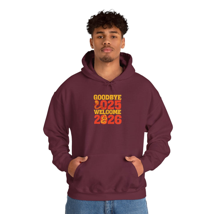 New Year Celebration Hoodie Goodbye 2025 Welcome 2026 Sweatshirt Cozy Gift Friends Unisex Pullover Trendy Winter Fashion Heavy Blend Hooded Printify