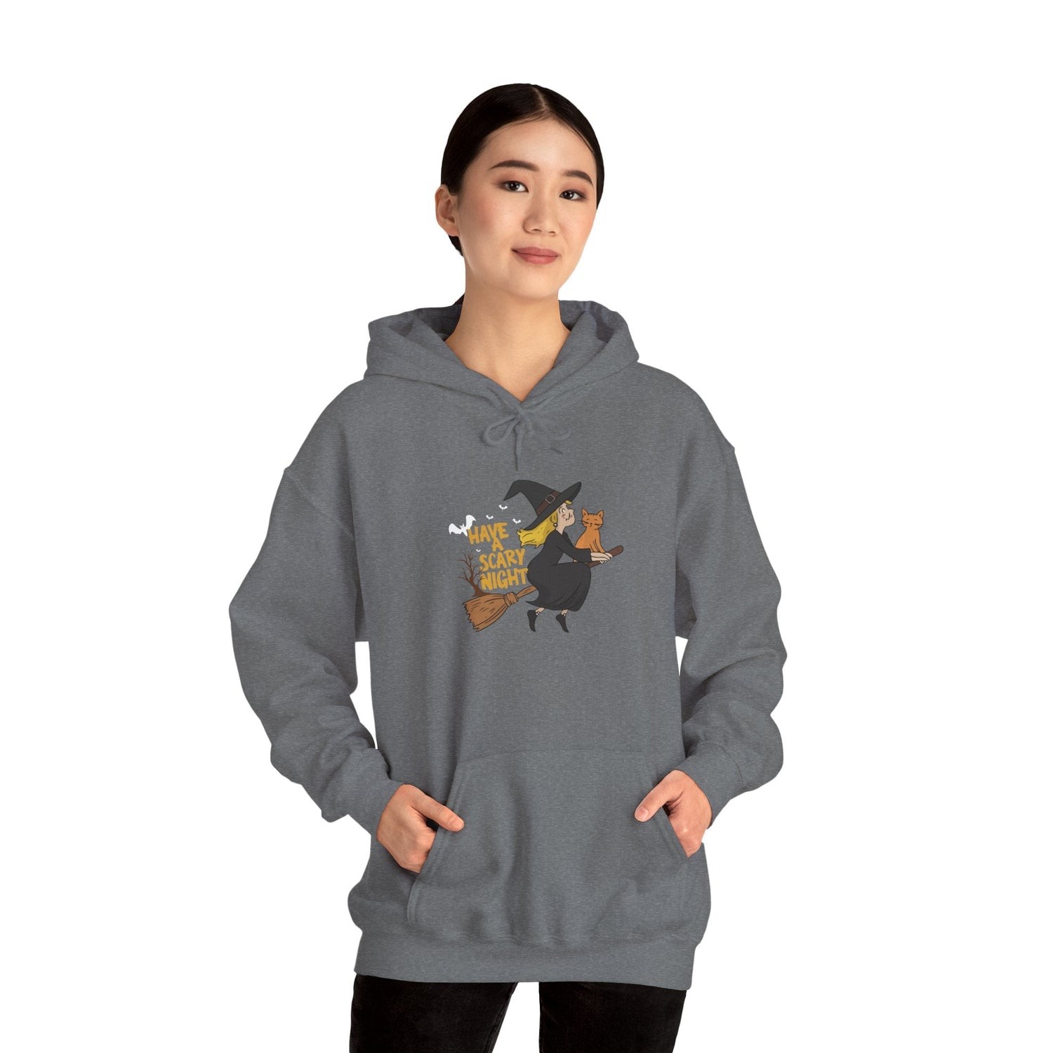 Halloween Witch and Cat Hoodie, Cozy Fall Sweatshirt, Scary Night Apparel, Unisex Ghostly Sweatshirt, Cute Halloween Gift Printify