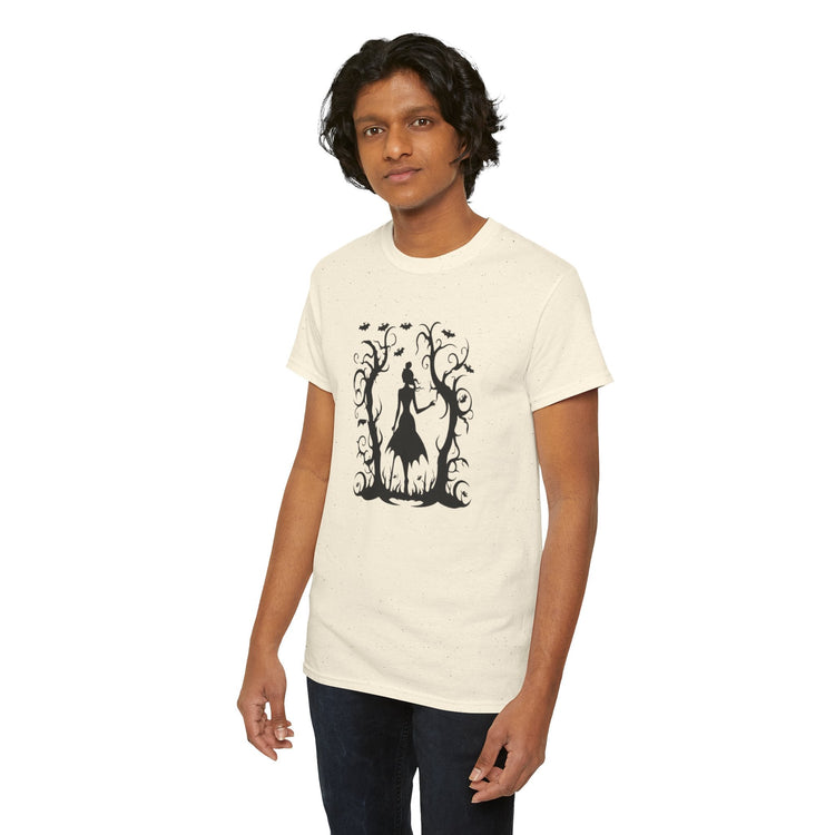 Whimsical Forest Silhouette Tee, Unisex Heavy Cotton T-Shirt, Fall Fashion, Halloween Shirt, Nature Lover Gift Printify