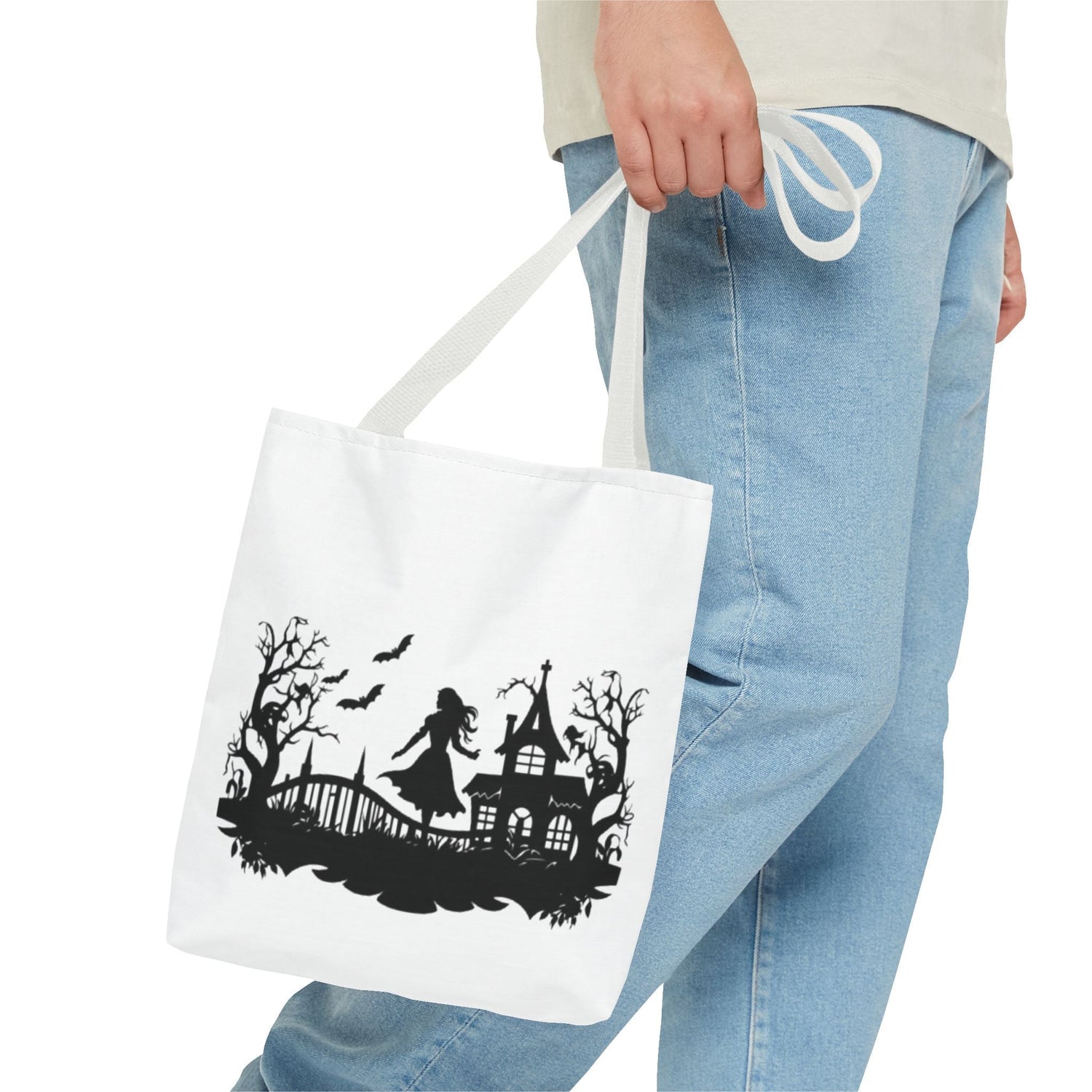 Spooky Silhouette Tote Bag - Halloween Gift, Witchy Style, Eco-Friendly Shopping, Causal Carryall, Gothic Art Design Printify
