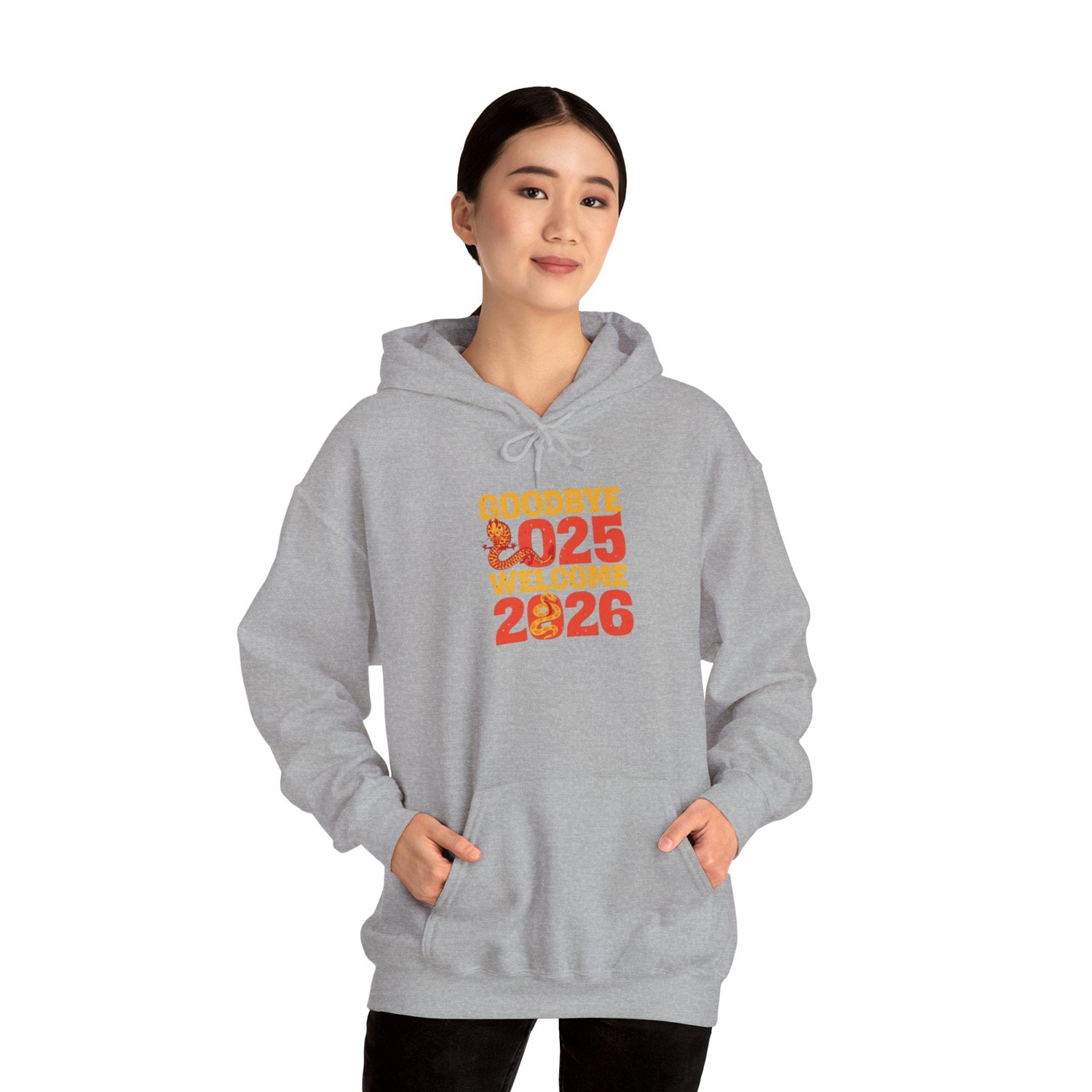 New Year Celebration Hoodie Goodbye 2025 Welcome 2026 Sweatshirt Cozy Gift Friends Unisex Pullover Trendy Winter Fashion Heavy Blend Hooded Printify