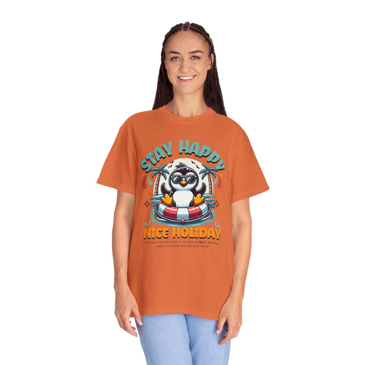 Stay Happy Penguin T-Shirt Unisex Summer Tee Vacation Shirt Beachwear Fun Gift Garment Dyed Cotton Casual Comfort Tee Birthday Gift Beach Shirt Printify
