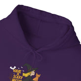 Halloween Witch and Cat Hoodie, Cozy Fall Sweatshirt, Scary Night Apparel, Unisex Ghostly Sweatshirt, Cute Halloween Gift Printify