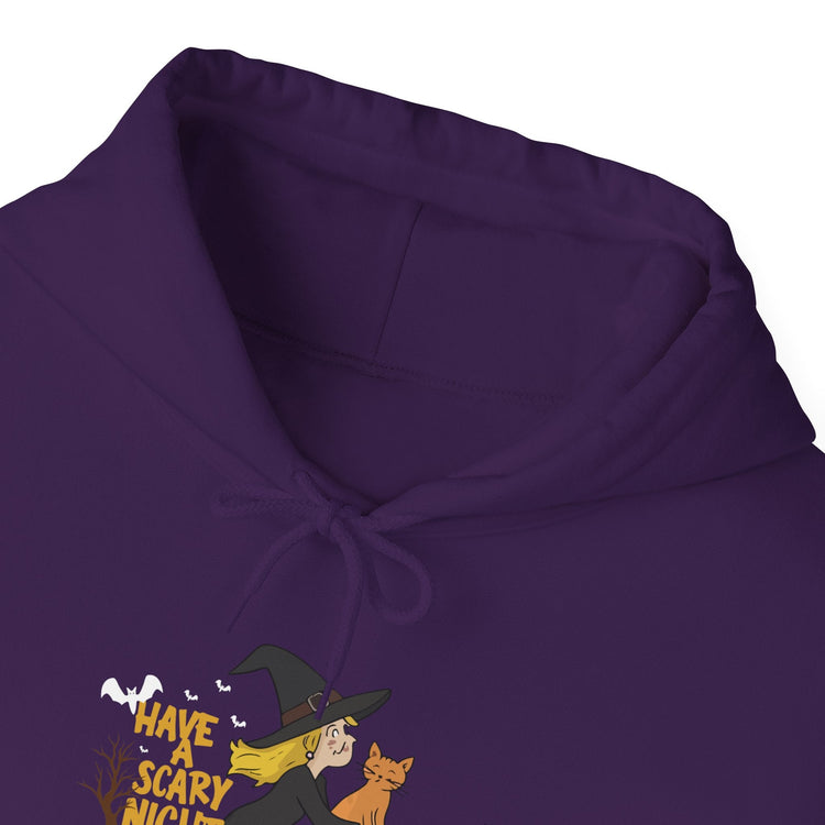 Halloween Witch and Cat Hoodie, Cozy Fall Sweatshirt, Scary Night Apparel, Unisex Ghostly Sweatshirt, Cute Halloween Gift Printify