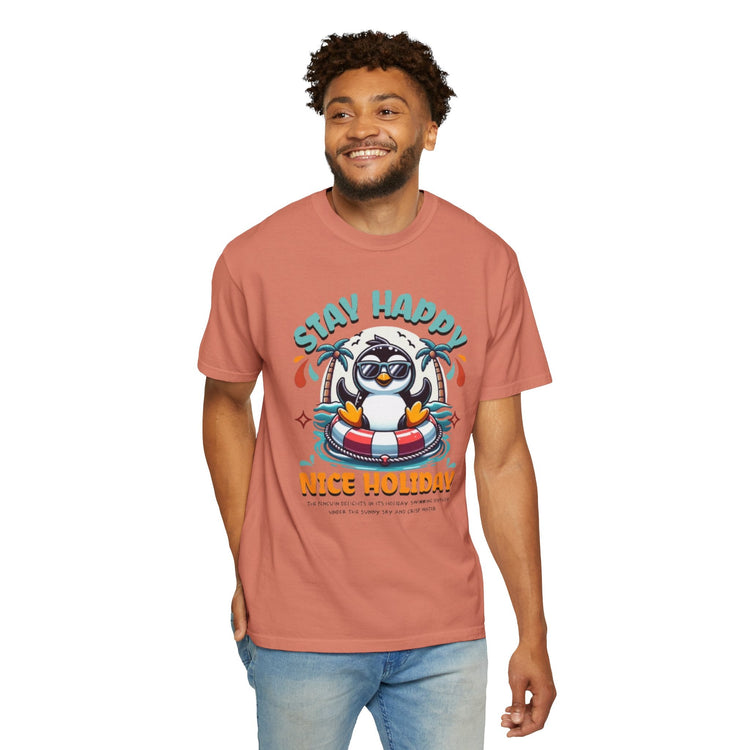Stay Happy Penguin T-Shirt Unisex Summer Tee Vacation Shirt Beachwear Fun Gift Garment Dyed Cotton Casual Comfort Tee Birthday Gift Beach Shirt Printify