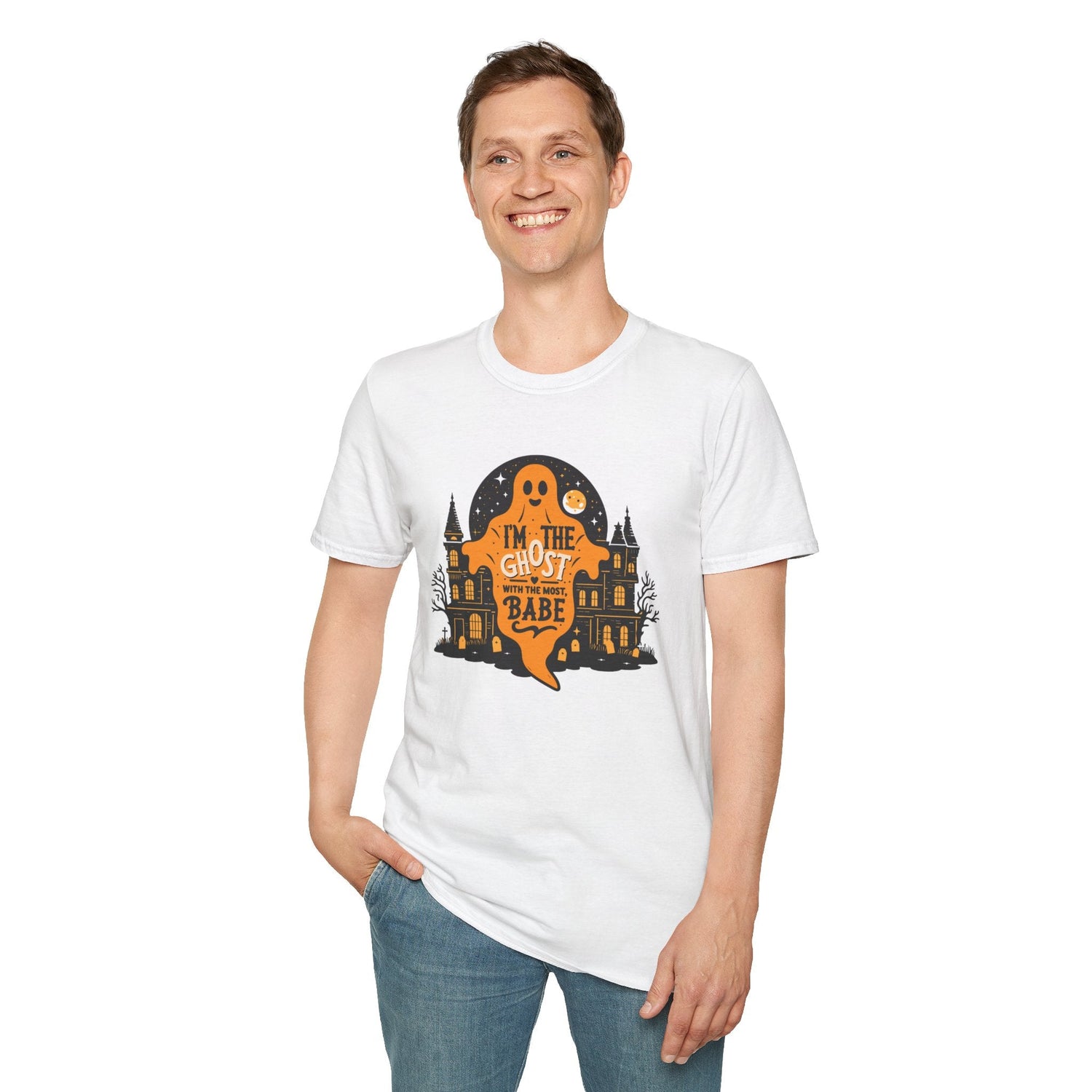 Halloween Ghost T-Shirt, Unisex Softstyle Tee for Halloween, Cute Halloween Shirt, Fall Festive Wear, Funny Ghost Design Printify