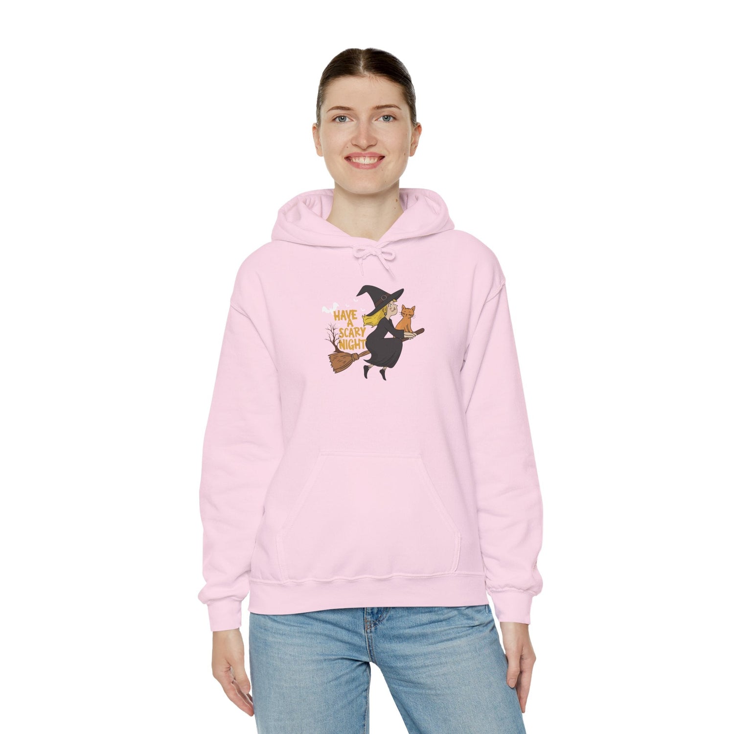 Halloween Witch and Cat Hoodie, Cozy Fall Sweatshirt, Scary Night Apparel, Unisex Ghostly Sweatshirt, Cute Halloween Gift Printify