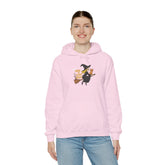 Halloween Witch and Cat Hoodie, Cozy Fall Sweatshirt, Scary Night Apparel, Unisex Ghostly Sweatshirt, Cute Halloween Gift Printify