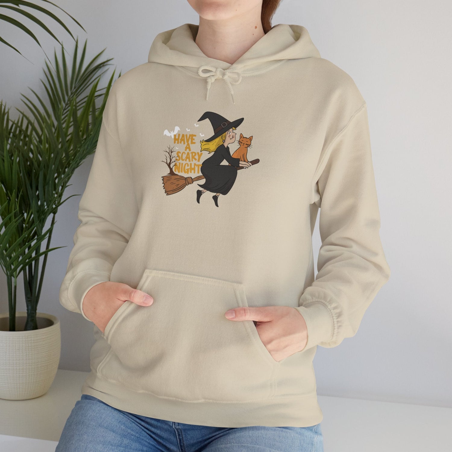 Halloween Witch and Cat Hoodie, Cozy Fall Sweatshirt, Scary Night Apparel, Unisex Ghostly Sweatshirt, Cute Halloween Gift Printify