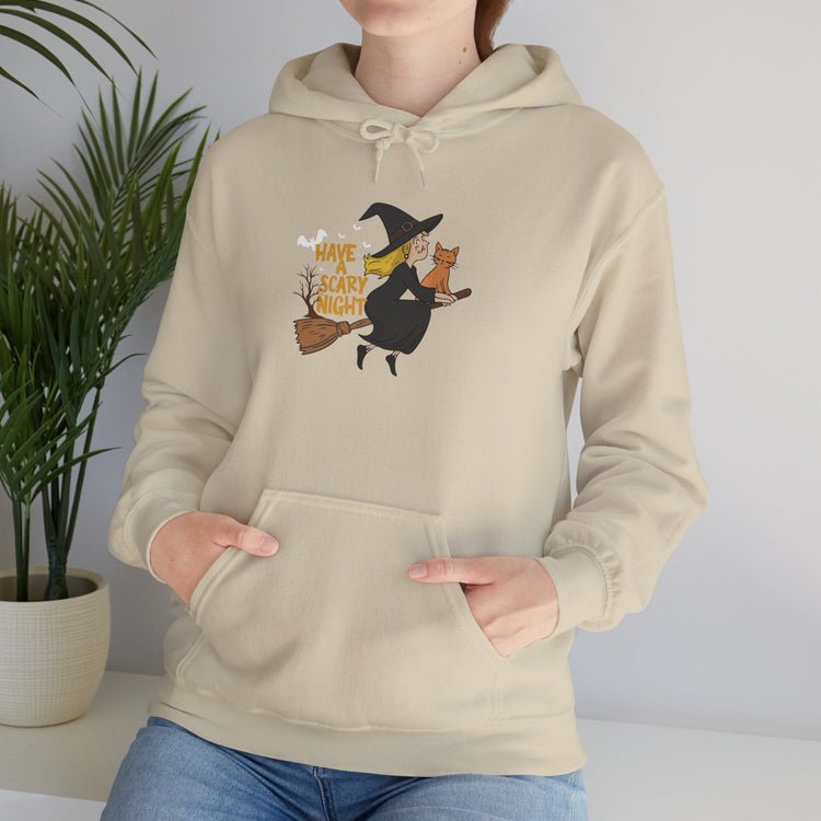 Halloween Witch and Cat Hoodie, Cozy Fall Sweatshirt, Scary Night Apparel, Unisex Ghostly Sweatshirt, Cute Halloween Gift Printify