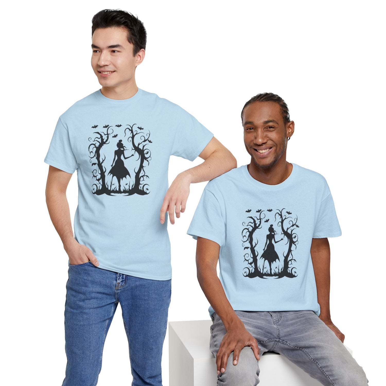 Whimsical Forest Silhouette Tee, Unisex Heavy Cotton T-Shirt, Fall Fashion, Halloween Shirt, Nature Lover Gift Printify