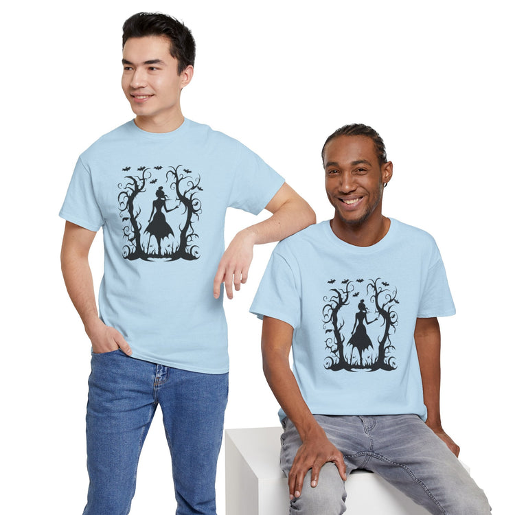 Whimsical Forest Silhouette Tee, Unisex Heavy Cotton T-Shirt, Fall Fashion, Halloween Shirt, Nature Lover Gift Printify