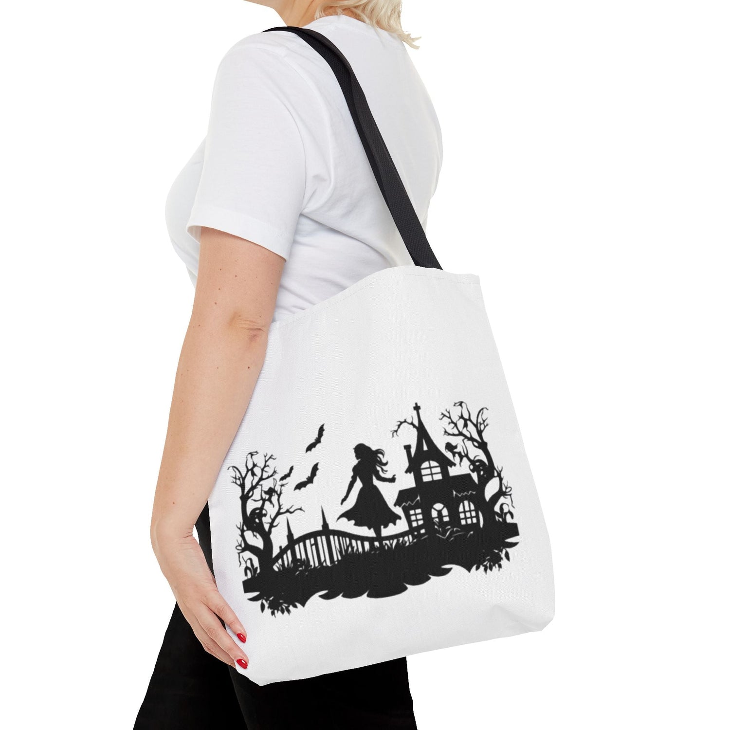 Spooky Silhouette Tote Bag - Halloween Gift, Witchy Style, Eco-Friendly Shopping, Causal Carryall, Gothic Art Design Printify