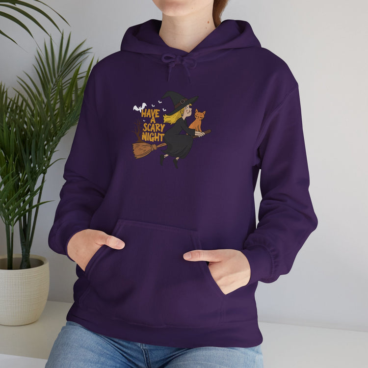 Halloween Witch and Cat Hoodie, Cozy Fall Sweatshirt, Scary Night Apparel, Unisex Ghostly Sweatshirt, Cute Halloween Gift Printify