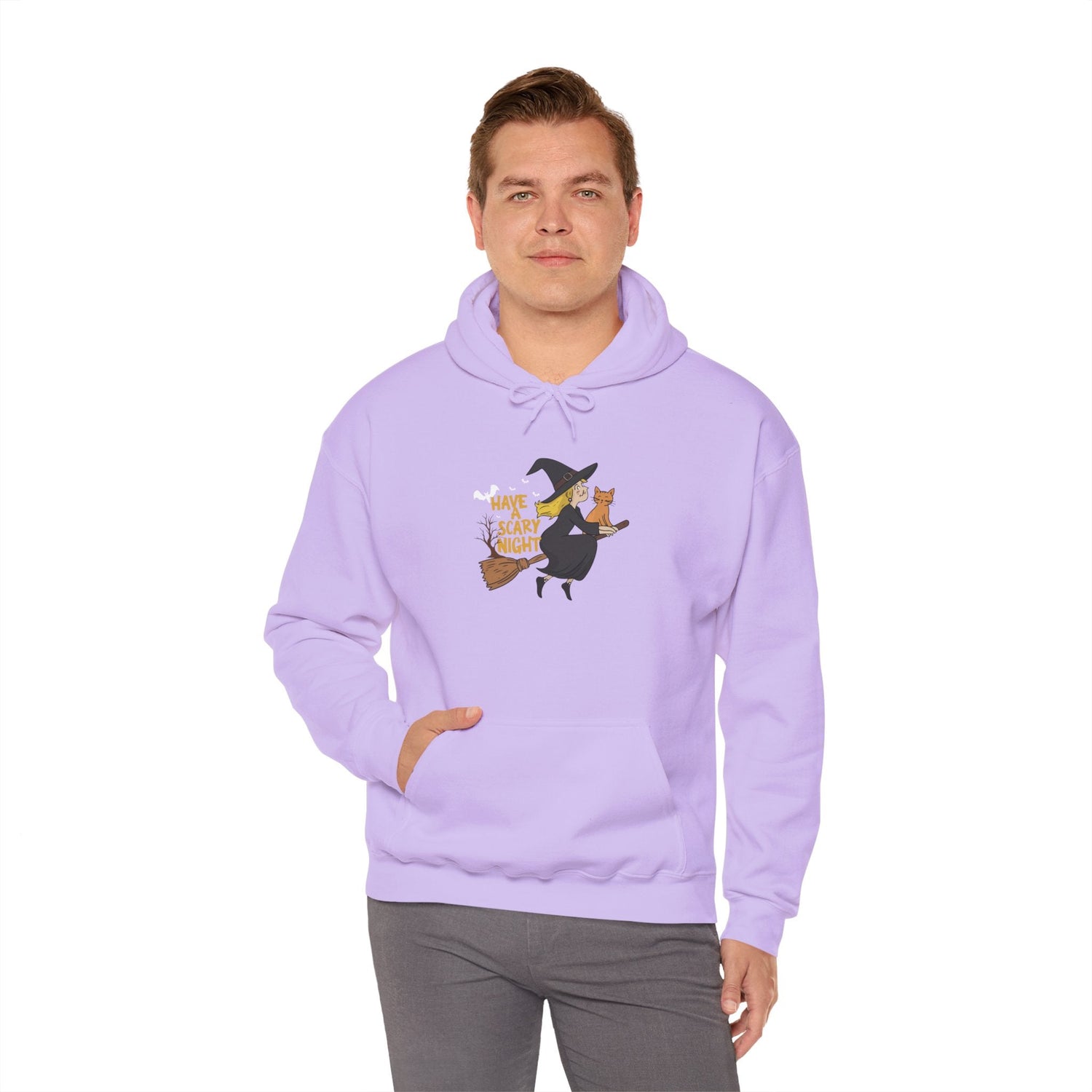 Halloween Witch and Cat Hoodie, Cozy Fall Sweatshirt, Scary Night Apparel, Unisex Ghostly Sweatshirt, Cute Halloween Gift Printify