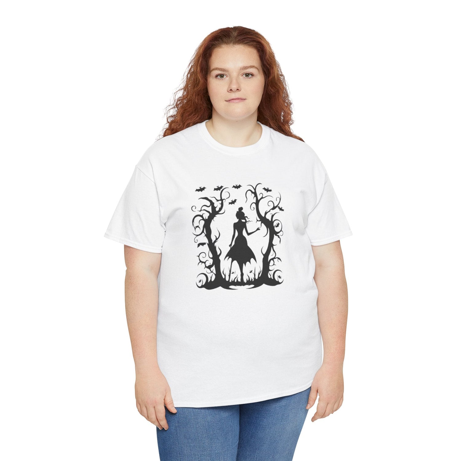 Whimsical Forest Silhouette Tee, Unisex Heavy Cotton T-Shirt, Fall Fashion, Halloween Shirt, Nature Lover Gift Printify