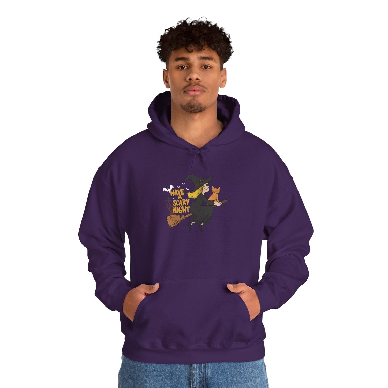 Halloween Witch and Cat Hoodie, Cozy Fall Sweatshirt, Scary Night Apparel, Unisex Ghostly Sweatshirt, Cute Halloween Gift Printify