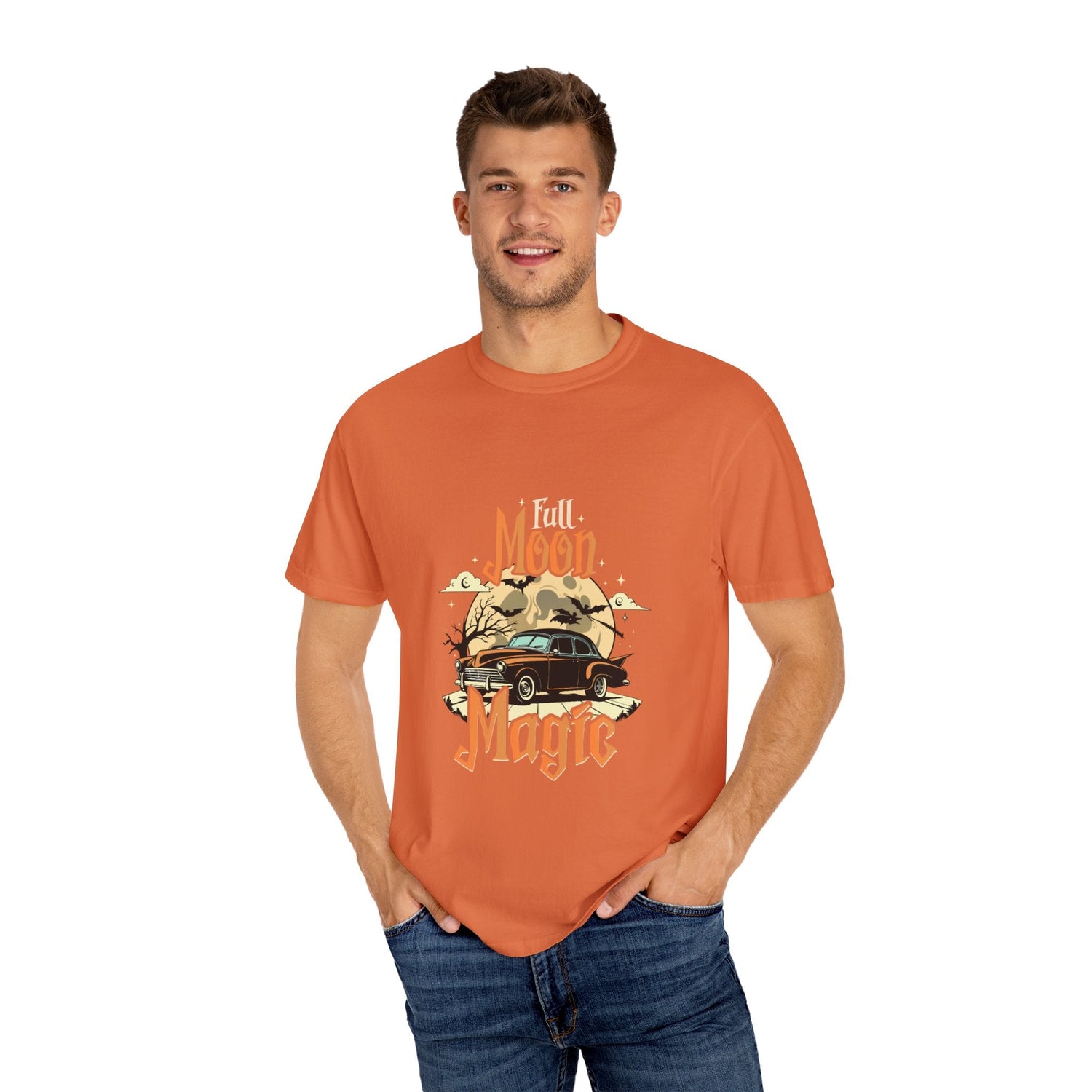 Moon Magic Unisex Garment-Dyed T-shirt, Vintage Car Tee, Astrology Gift, Casual Wear, Moon Lover Apparel, Unisex Soft T-shirt Printify