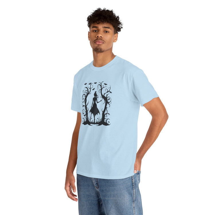 Whimsical Forest Silhouette Tee, Unisex Heavy Cotton T-Shirt, Fall Fashion, Halloween Shirt, Nature Lover Gift Printify
