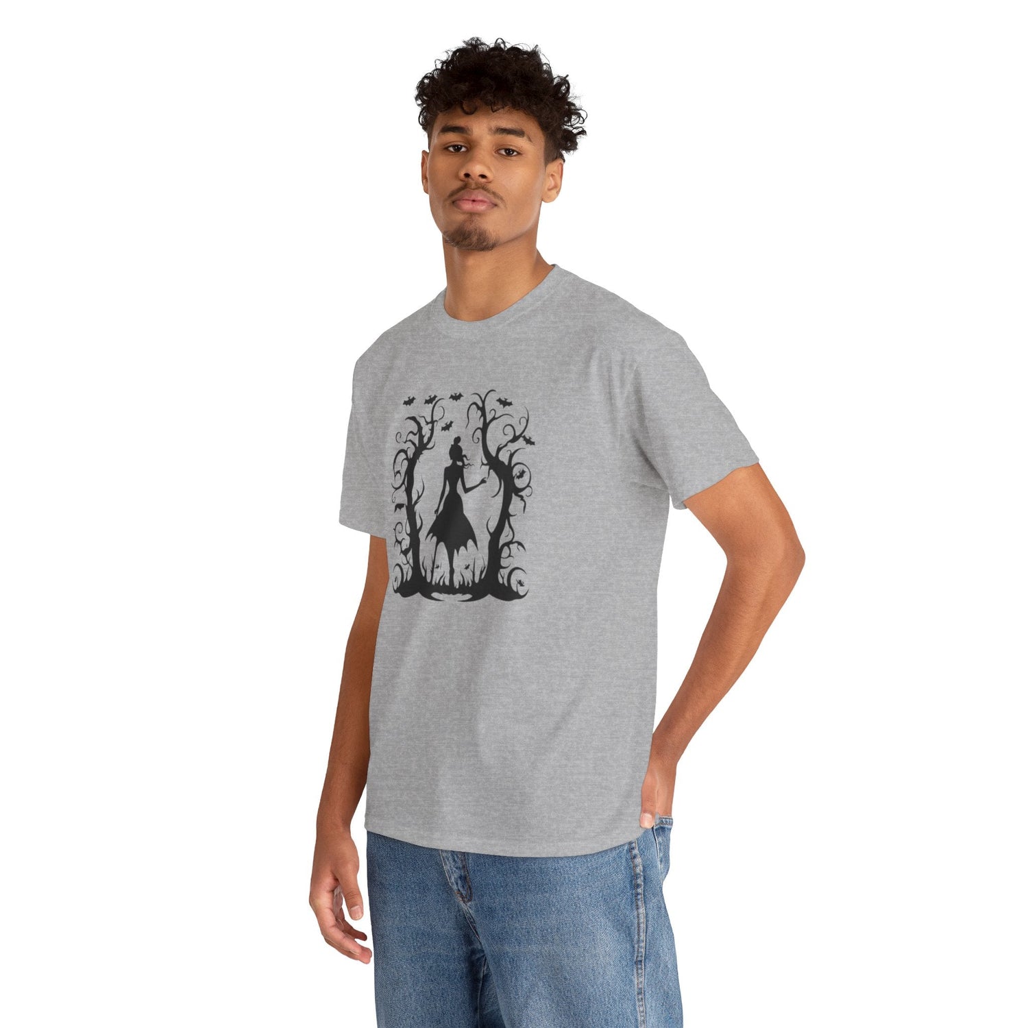 Whimsical Forest Silhouette Tee, Unisex Heavy Cotton T-Shirt, Fall Fashion, Halloween Shirt, Nature Lover Gift Printify