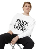 Halloween Trick or Treat Sweatshirt, Cozy Fall Sweatshirt, Unisex Halloween Apparel, Spooky Season Gift, Pumpkin Spice Fashion Printify