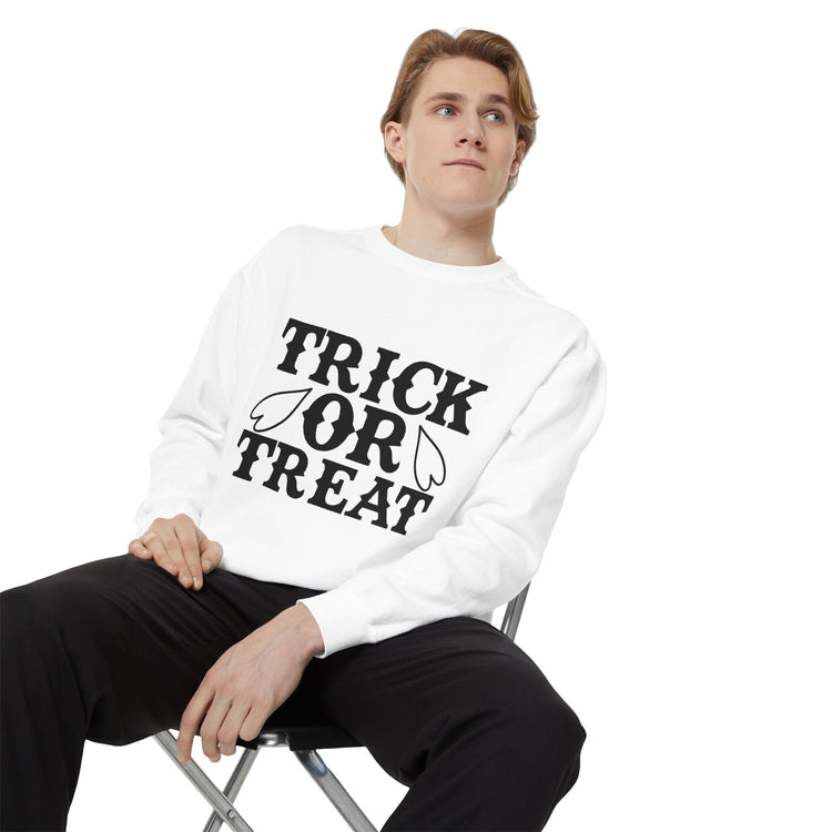 Halloween Trick or Treat Sweatshirt, Cozy Fall Sweatshirt, Unisex Halloween Apparel, Spooky Season Gift, Pumpkin Spice Fashion Printify