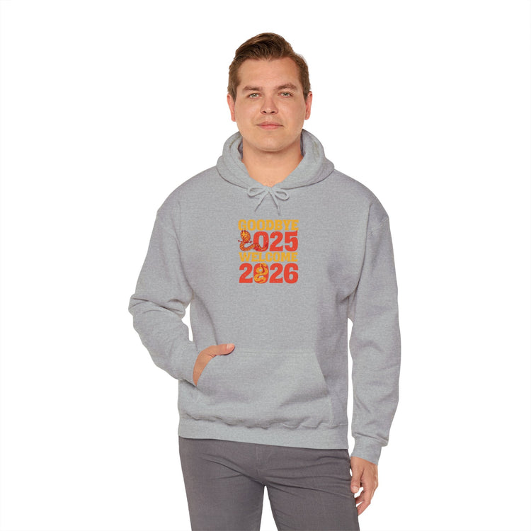 New Year Celebration Hoodie Goodbye 2025 Welcome 2026 Sweatshirt Cozy Gift Friends Unisex Pullover Trendy Winter Fashion Heavy Blend Hooded Printify