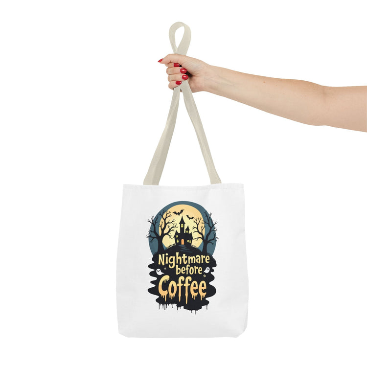 Nightmare Before Coffee Tote Bag, Halloween Tote, Spooky Drink Carrier, Gift for Coffee Lovers, AOP Design Bag Printify