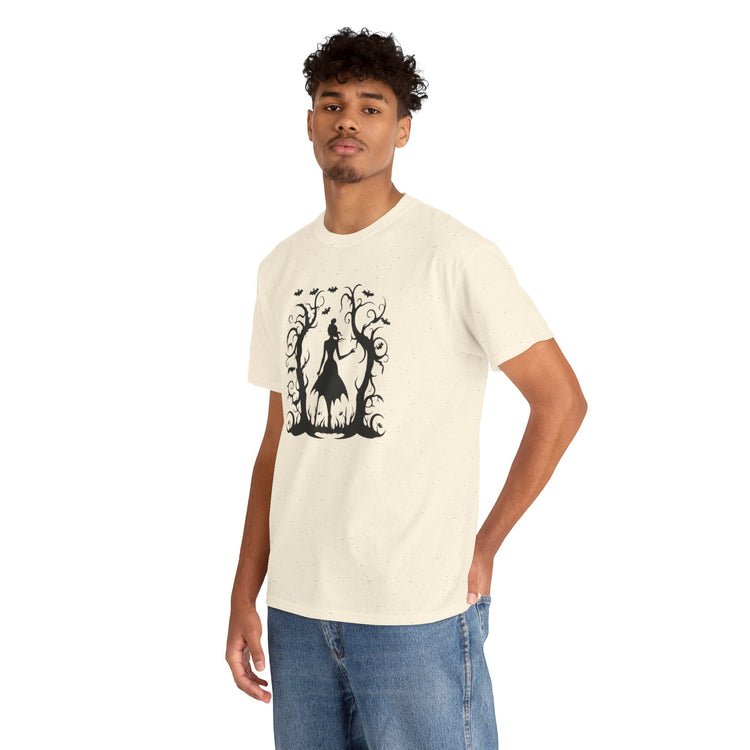 Whimsical Forest Silhouette Tee, Unisex Heavy Cotton T-Shirt, Fall Fashion, Halloween Shirt, Nature Lover Gift Printify