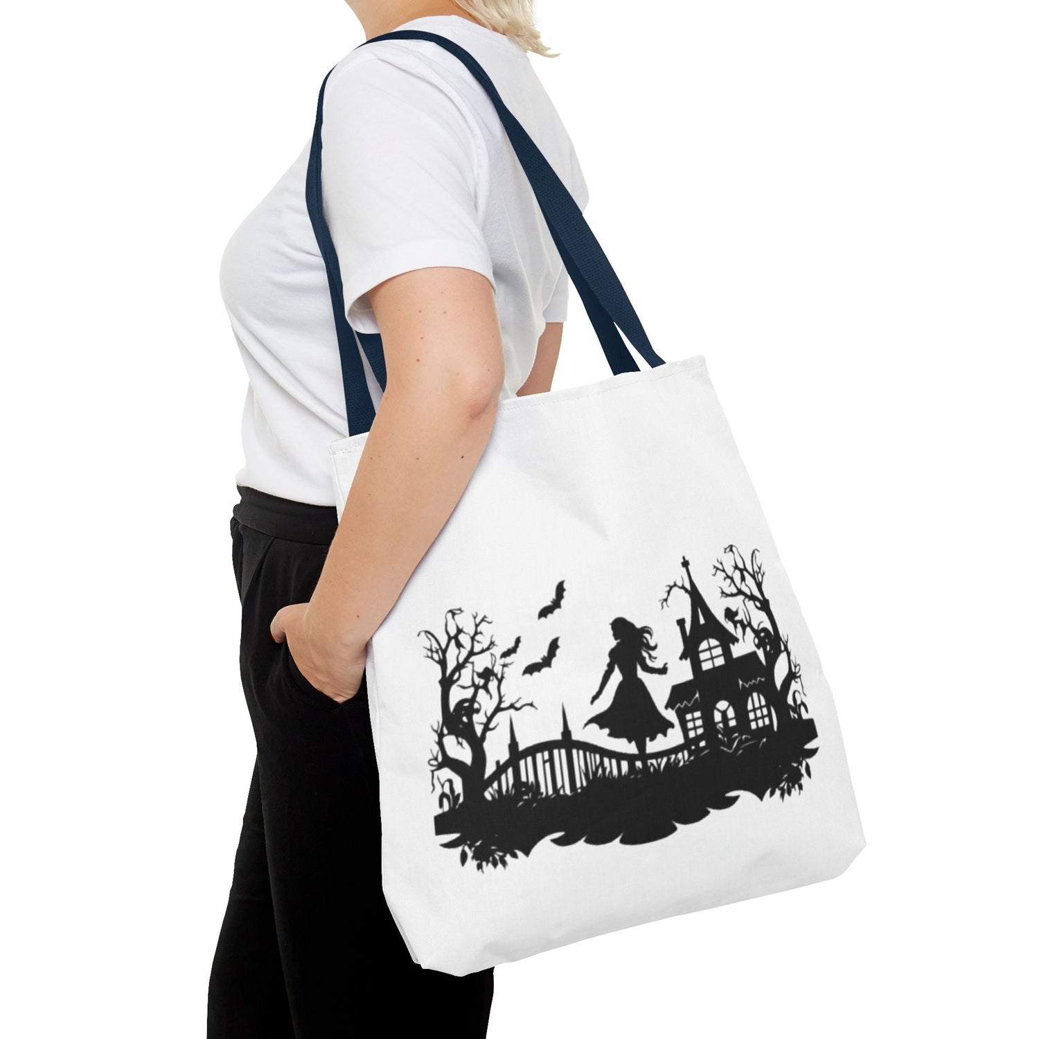 Spooky Silhouette Tote Bag - Halloween Gift, Witchy Style, Eco-Friendly Shopping, Causal Carryall, Gothic Art Design Printify