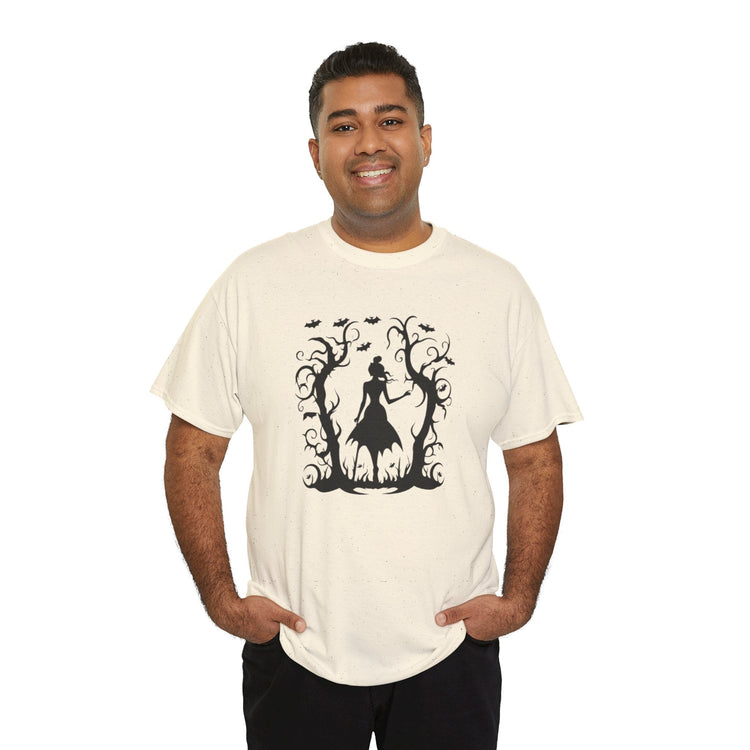 Whimsical Forest Silhouette Tee, Unisex Heavy Cotton T-Shirt, Fall Fashion, Halloween Shirt, Nature Lover Gift Printify