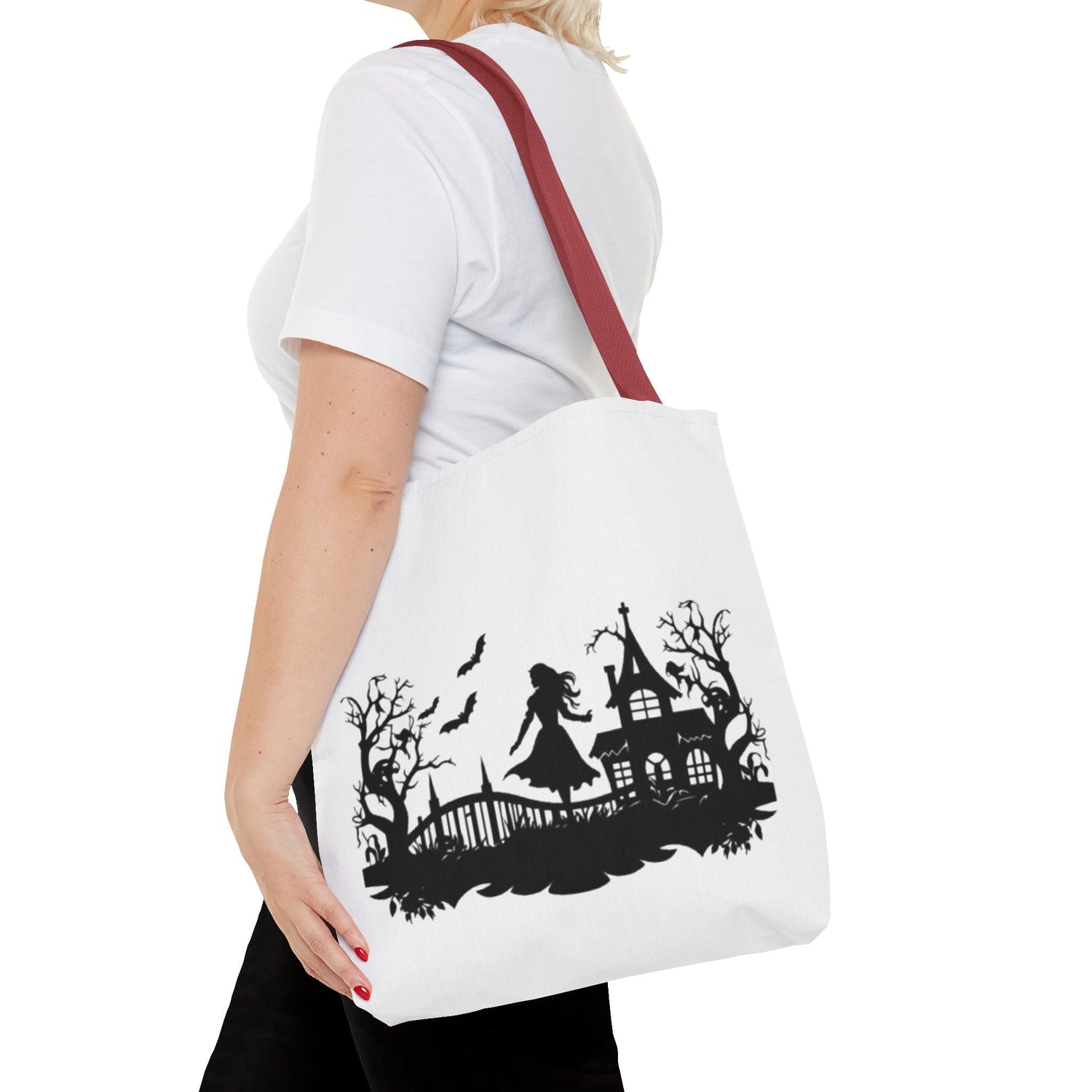 Spooky Silhouette Tote Bag - Halloween Gift, Witchy Style, Eco-Friendly Shopping, Causal Carryall, Gothic Art Design Printify