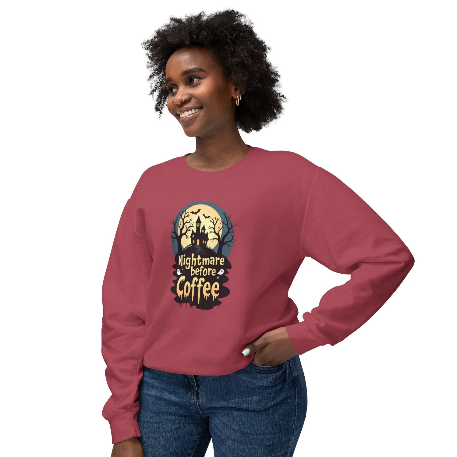 Unisex Lightweight Crewneck Sweatshirt - Nightmare Before Coffee Printify