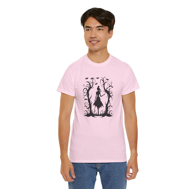 Whimsical Forest Silhouette Tee, Unisex Heavy Cotton T-Shirt, Fall Fashion, Halloween Shirt, Nature Lover Gift Printify