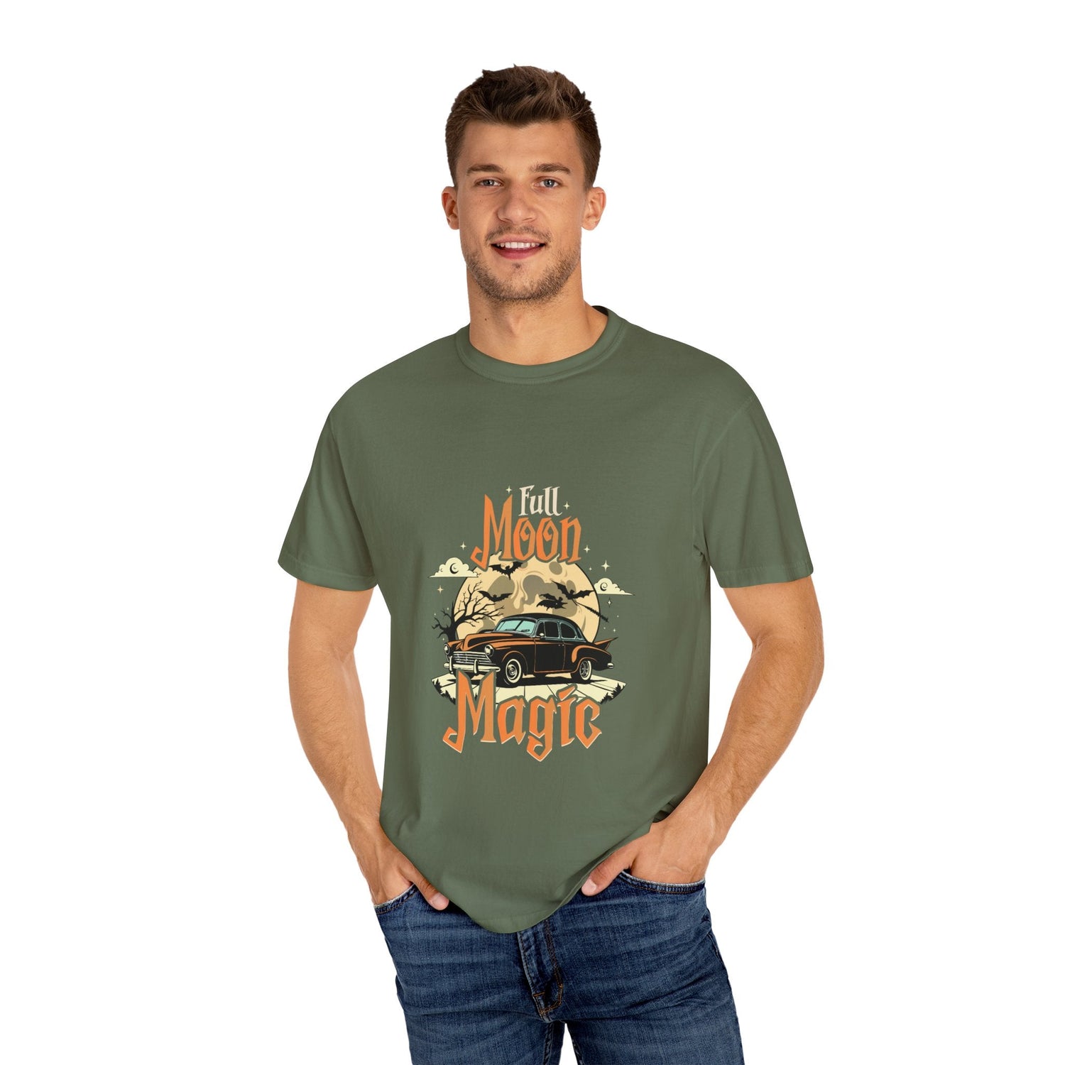 Moon Magic Unisex Garment-Dyed T-shirt, Vintage Car Tee, Astrology Gift, Casual Wear, Moon Lover Apparel, Unisex Soft T-shirt Printify