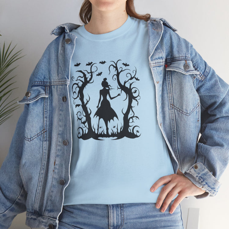 Whimsical Forest Silhouette Tee, Unisex Heavy Cotton T-Shirt, Fall Fashion, Halloween Shirt, Nature Lover Gift Printify