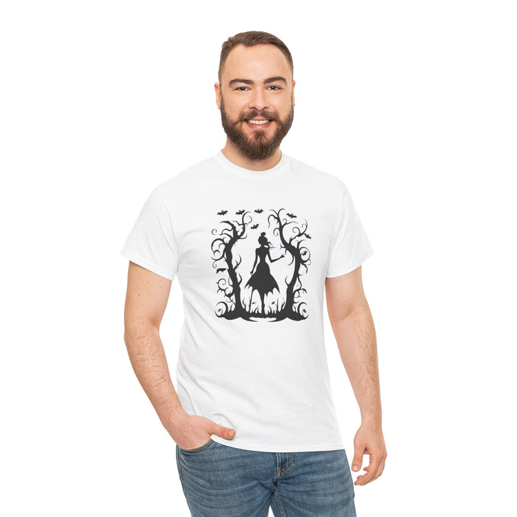 Whimsical Forest Silhouette Tee, Unisex Heavy Cotton T-Shirt, Fall Fashion, Halloween Shirt, Nature Lover Gift Printify