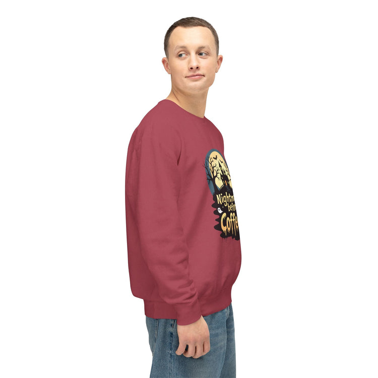 Unisex Lightweight Crewneck Sweatshirt - Nightmare Before Coffee Printify