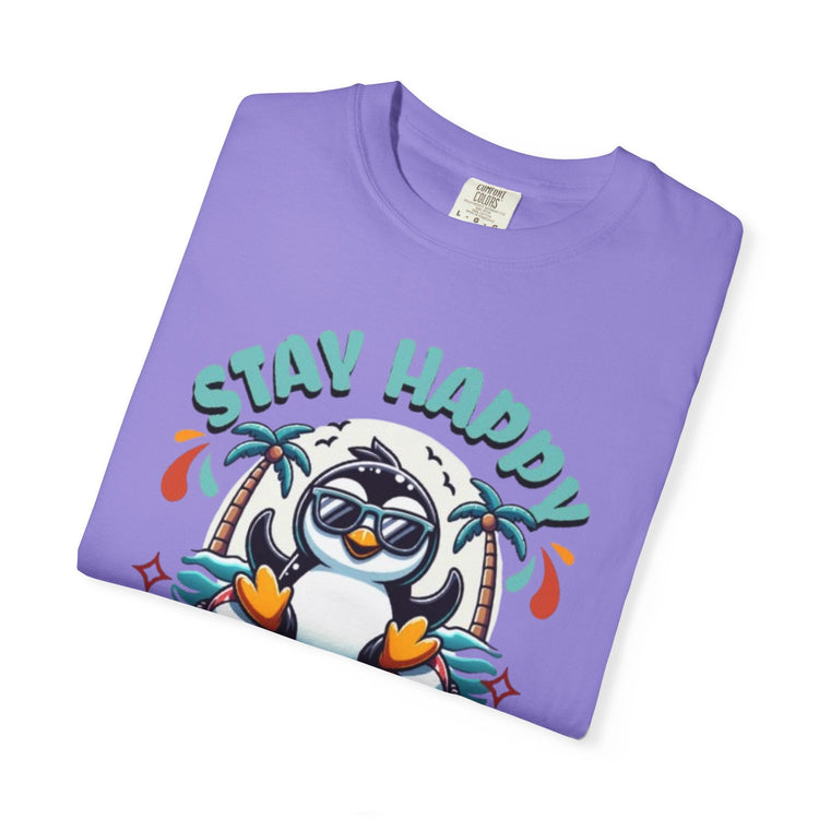 Stay Happy Penguin T-Shirt Unisex Summer Tee Vacation Shirt Beachwear Fun Gift Garment Dyed Cotton Casual Comfort Tee Birthday Gift Beach Shirt Printify