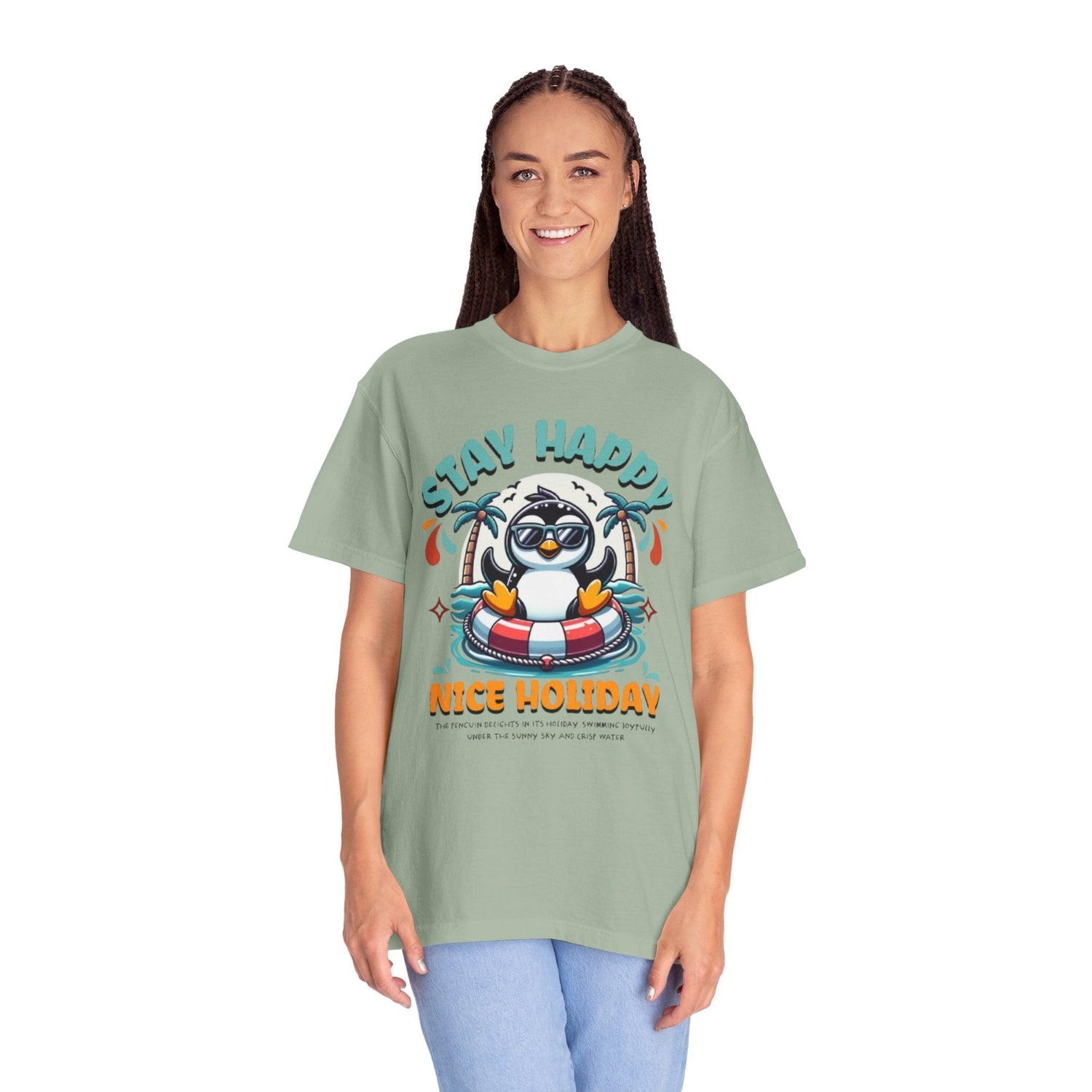 Stay Happy Penguin T-Shirt Unisex Summer Tee Vacation Shirt Beachwear Fun Gift Garment Dyed Cotton Casual Comfort Tee Birthday Gift Beach Shirt Printify