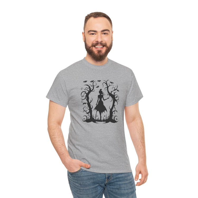 Whimsical Forest Silhouette Tee, Unisex Heavy Cotton T-Shirt, Fall Fashion, Halloween Shirt, Nature Lover Gift Printify