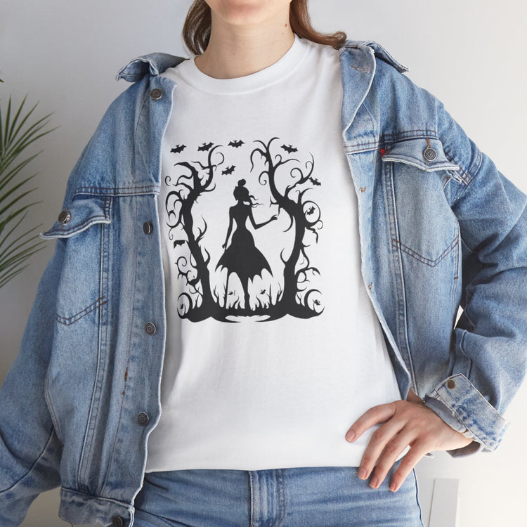 Whimsical Forest Silhouette Tee, Unisex Heavy Cotton T-Shirt, Fall Fashion, Halloween Shirt, Nature Lover Gift Printify